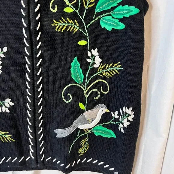 Hampshire Studio Knit Black Vest Birds Embroidery Womens Size Small‎ Full Zip - Picture 2 of 4